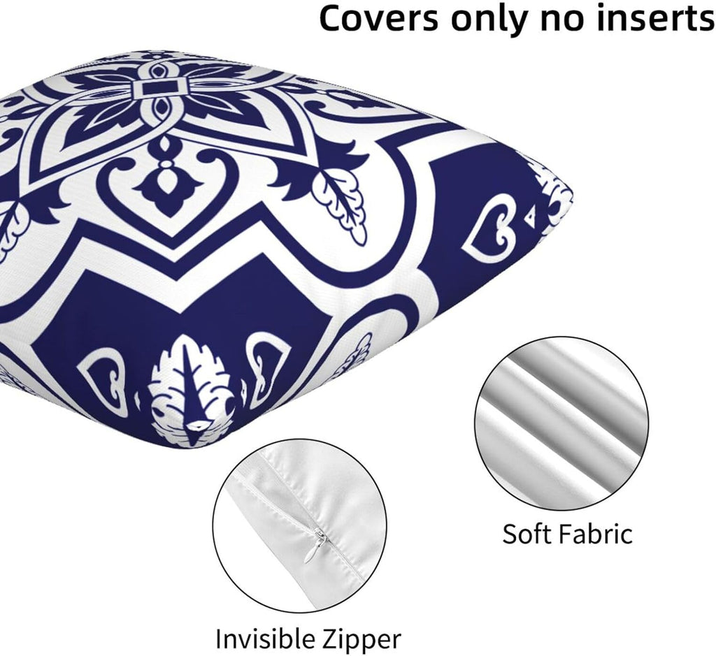 Blue-White Geometric Floral Throw Pillowcases Set of 2 All-Season Soft Pillow Covers with Hidden Zipper,Durable for Sofa Bed Car Decor & Gift 18x18Inch