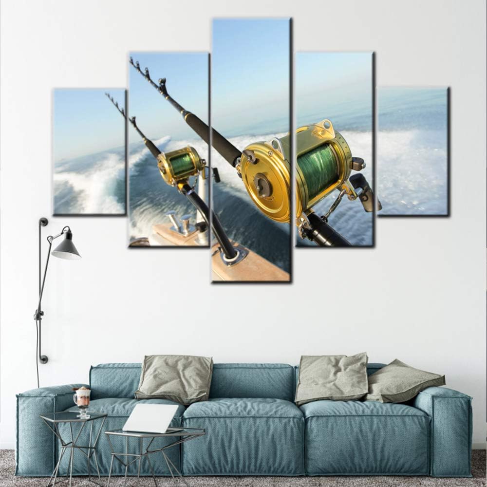 Multi Panel Canvas Wall Art Fishing Reels and Rods Paintings for Bedroom Giclee Angling Boat Artwork Modern Home Decor Seascape Pictures Wooden Framed Ready to Hang Posters and Prints(60''Wx40''H)