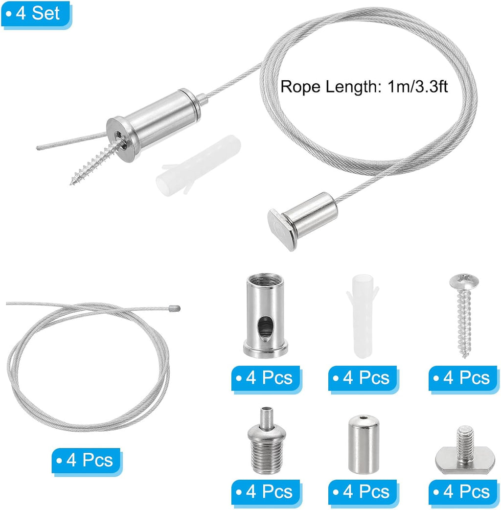 PATIKIL Ceiling Hanging Wire Cable Kit, 1m/3.3ft 4 Set Adjustable Light Suspend Cable Kit Panel Hanging Rope Clamp Slotted Round Nail for Pendant Light Fitting Aquarium Lights, Style 1