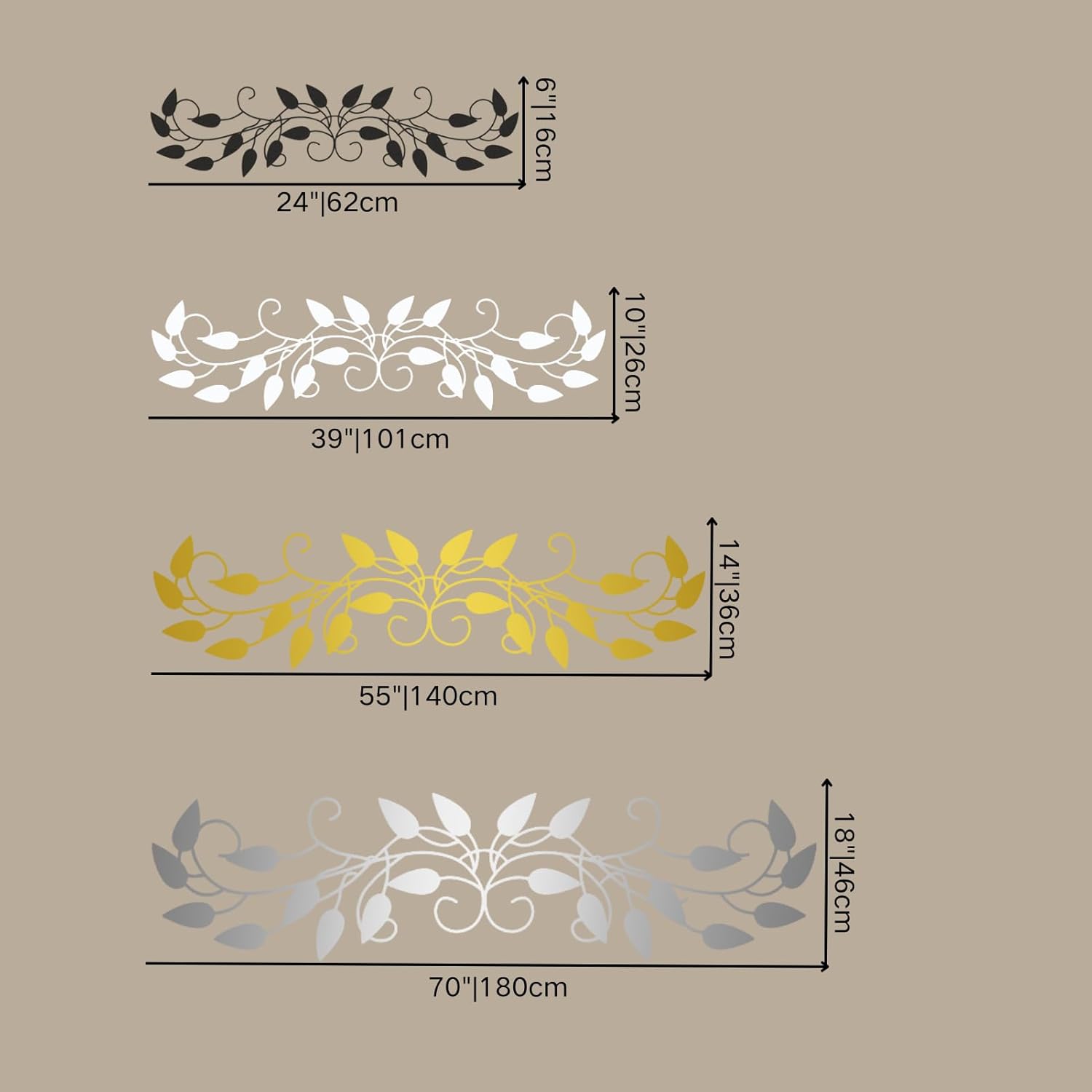 Cadeali Metal Tree Leaf Wall Decor, Vine Olive Branch Leaf Metal Wall Decor, Leafy Ivy Art, Leaves Art, Living Room, Bedroom Hanging, Gift Idea (Gold, 70"x18"|180x46cm)
