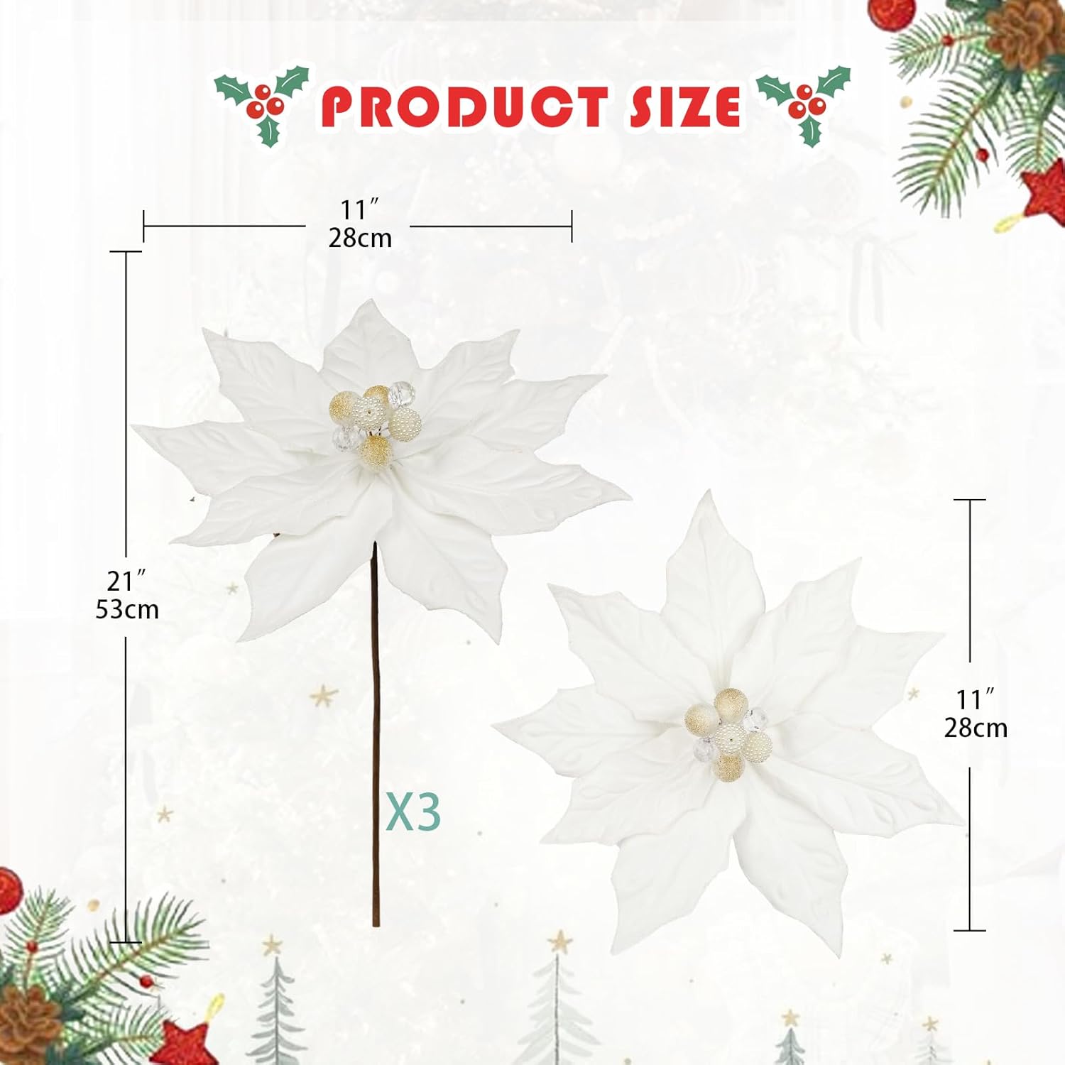 Hollyone 3PCS Poinsettia Christmas Flowers Artificial 11" Large White Glitter Poinsettia Flowers Christmas Tree Ornaments Floral Picks for Tree Wreath Garland Vase Table Centerpiece Home Deco