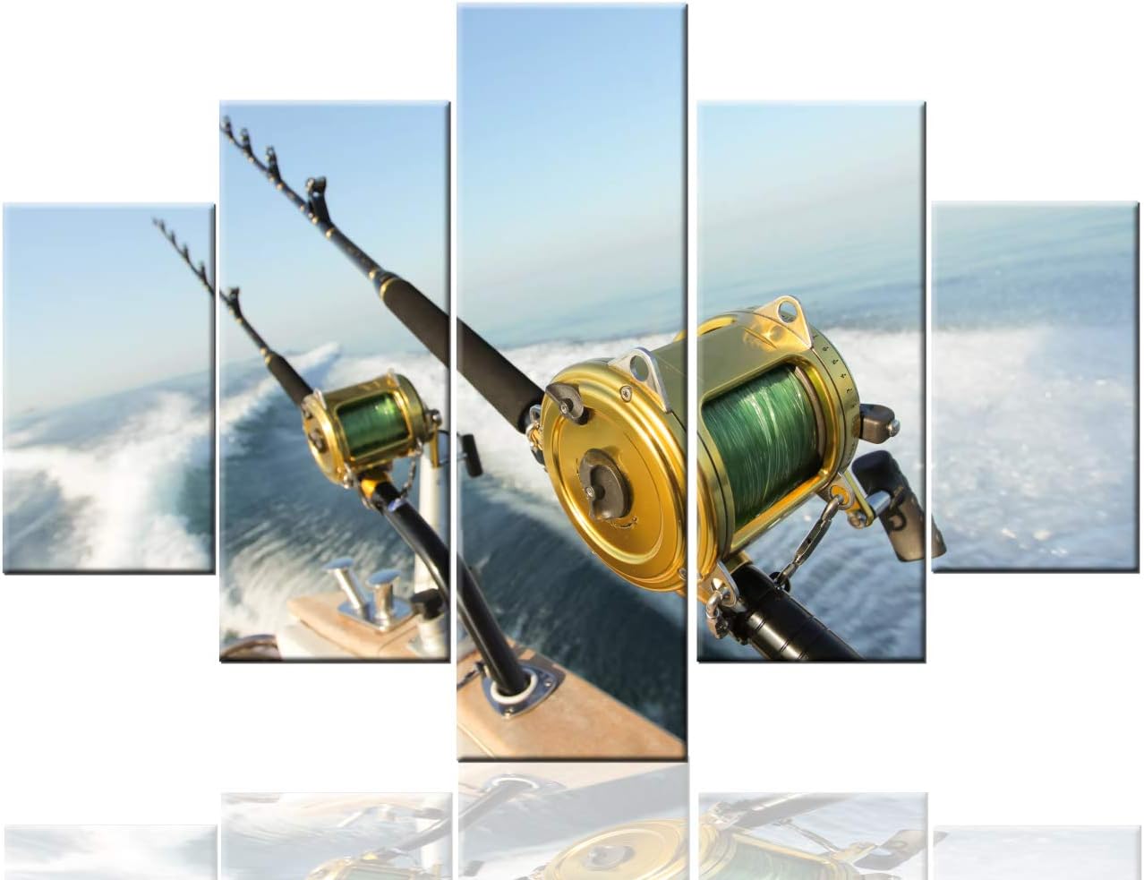Multi Panel Canvas Wall Art Fishing Reels and Rods Paintings for Bedroom Giclee Angling Boat Artwork Modern Home Decor Seascape Pictures Wooden Framed Ready to Hang Posters and Prints(60''Wx40''H)