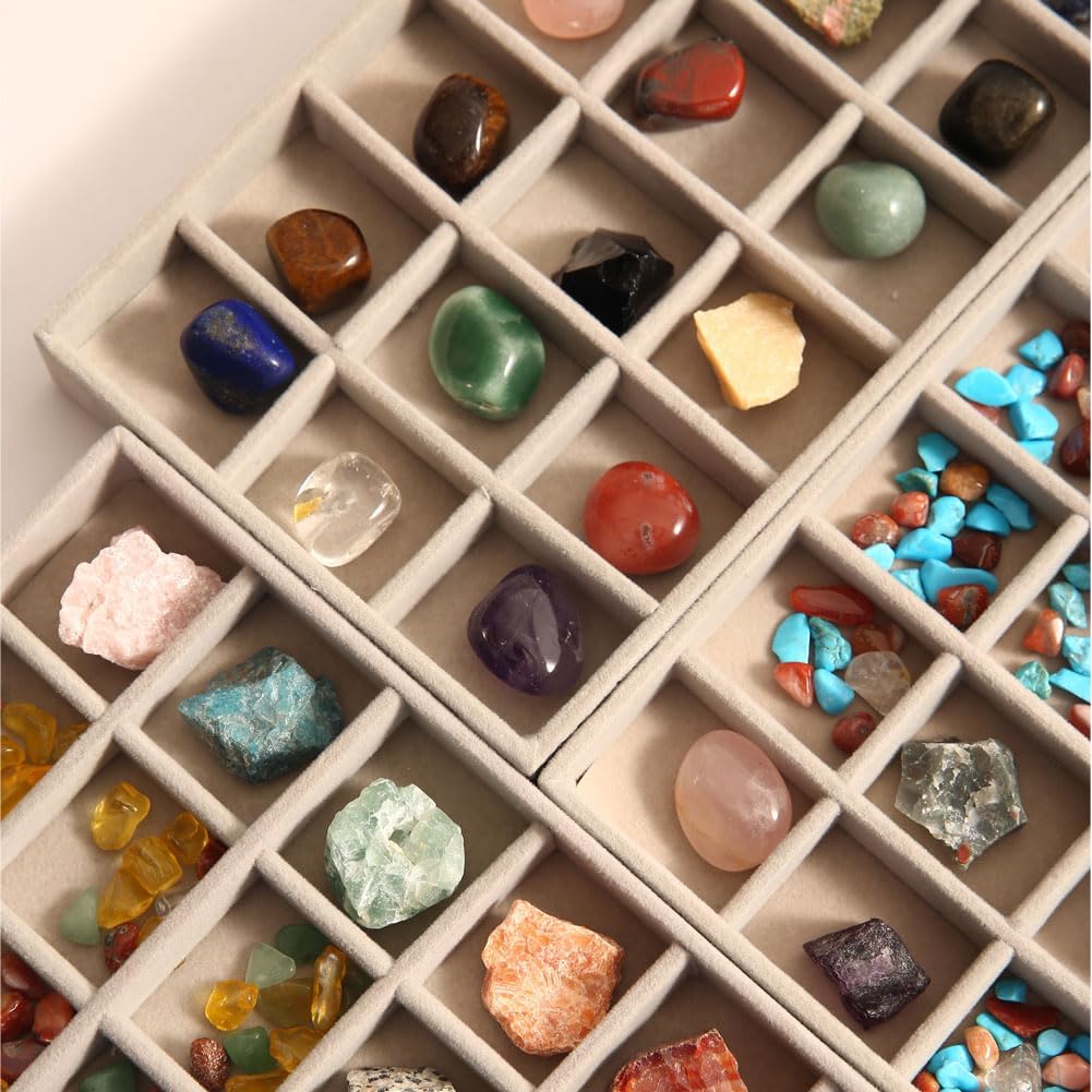 Acrylic Rock Collection Display Case with 54 Grids Storage Compartments Rock Collection Boxes Display Organizer Collection Storage Display Cases for Collectibles Crystal /Rock（Gery）