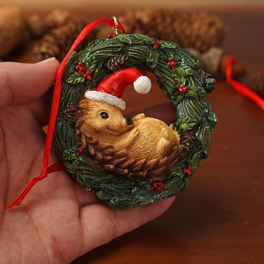 Christmas Small Animal Wreath Swing Ornament Hanging Decor for Xmas Tree Home Office Room Decoration with String (New, Hedgehog)