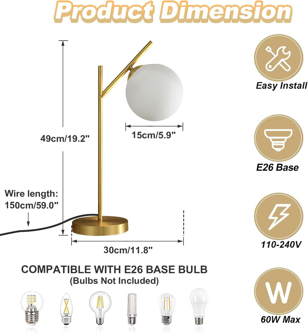 Mid Century Modern Table Lamp, 1 Light Brass Glass Globe Bedside Lamp, Contemporary Metal Table Lamp with Milky White Glass shadefor Bedroom Living Room Study Room