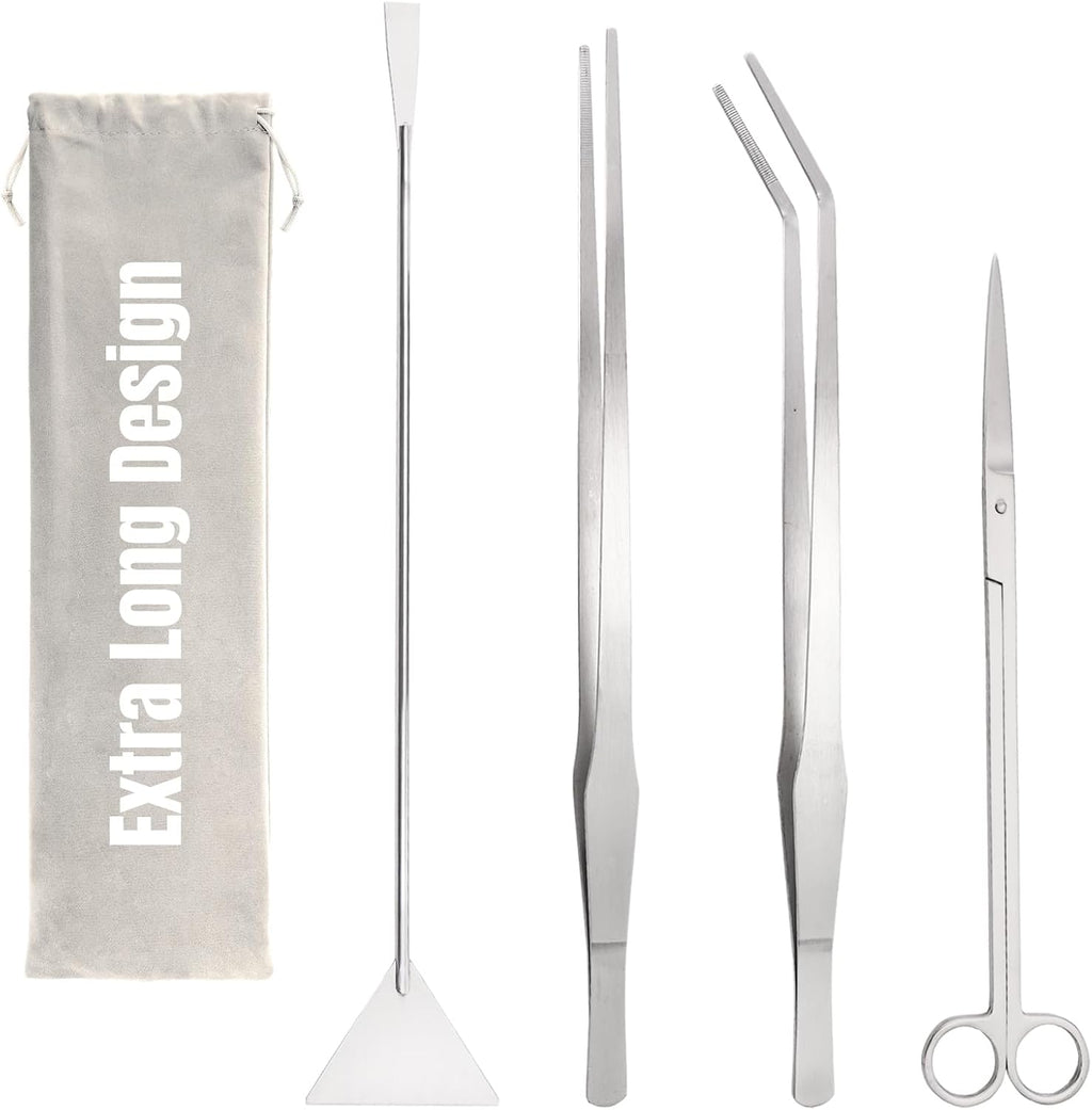 Hiceeden 4 Pcs 15 Inch Long Aquarium Aquascape Tools, Stainless Steel Aquascaping Tools Kit Include Aquarium Tweezer, Scissor, Spatula, Aquatic Plants Tool Set with Storage Pouch for Fish Tank