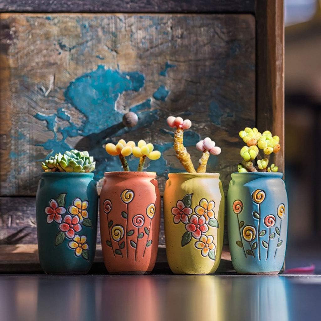 2.5 Inch Hand Painted Round Succulent Cactus Planter Pot Clay Pot Ceramic Plant Pot with Drainage Hole and Saucer Set of 4 (Green Yellow Orange Blue)