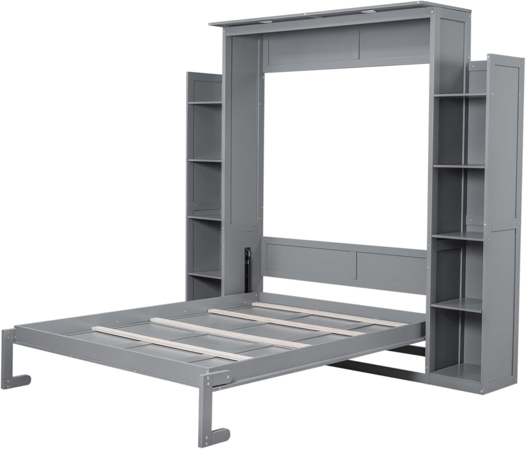 Queen Murphy Bed with Storage Shelves and LED Lights, Wood Grey Murphy Wall Bed Cabinet with Bookcase Bookshelf for Adults
