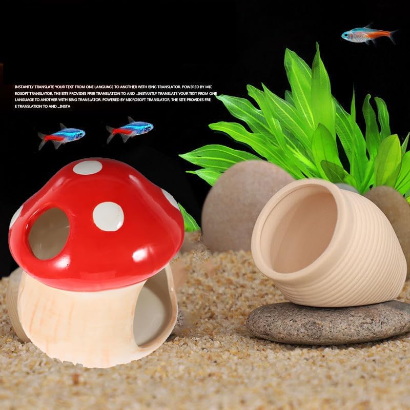 Mushroom Fish Tank Decor, Ceramics Aquarium Shrimp Cave, Betta Hideout Decoration, Cottage Ornament Goldfishes Pleco Cave for Fish Tank Landscape Hideaway Spawning Decor - Red