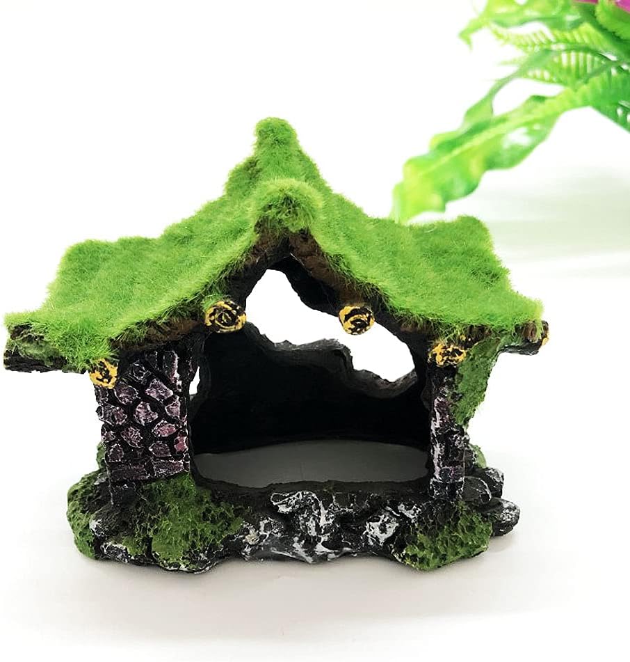 IBWell Aquarium Decoration House Resin Hollow Hideout House, Fish Tank Accessories Cave Ornament Tank Small Fish Hideaway with Moss