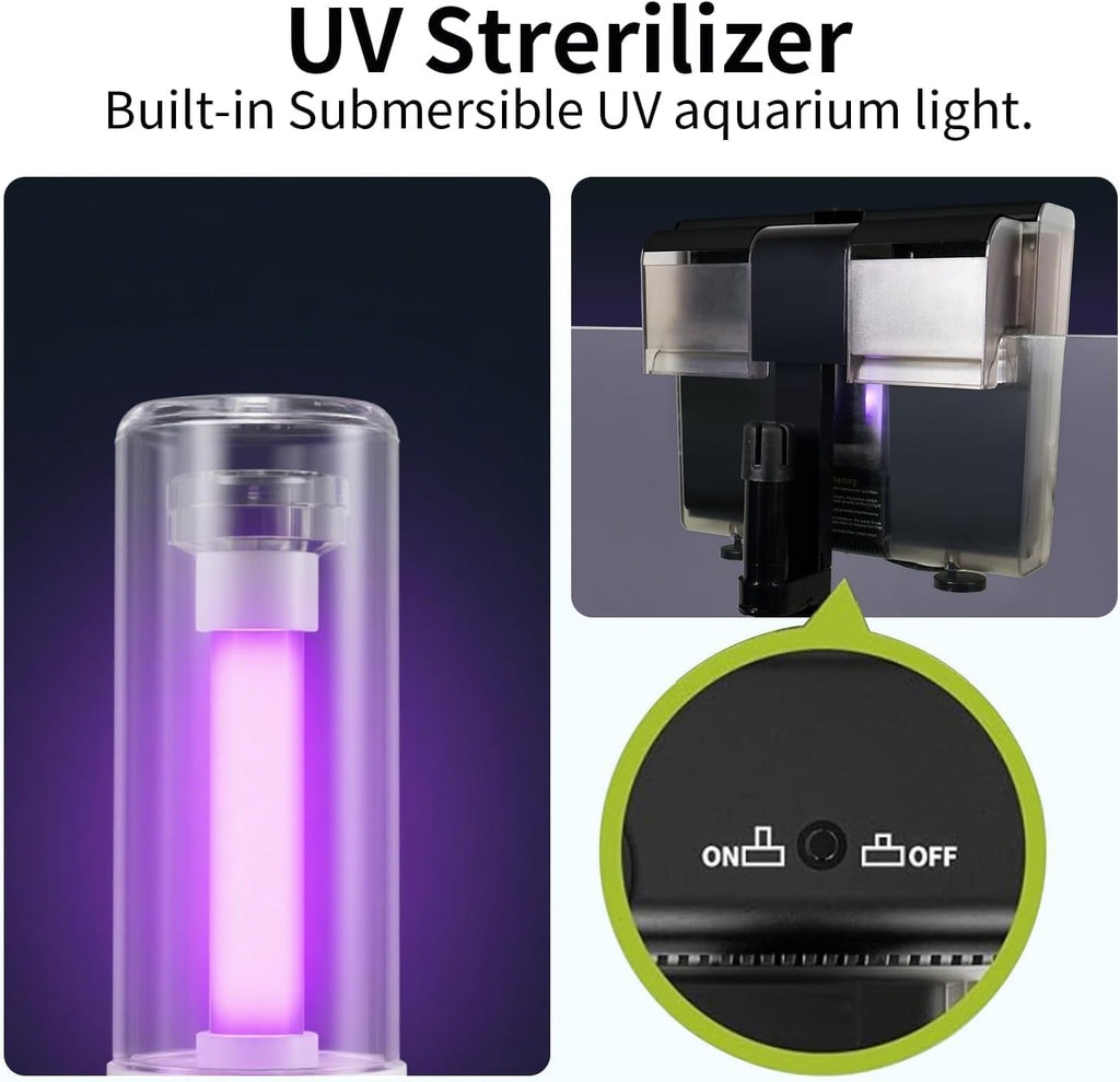 8W Aquarium Filter Hang on U-V Fish Tank Filters Quiet 4 in 1 Double Waterfall Fiter for up to 45 Gallon Tanks, 215 GPH Adjustable Flow