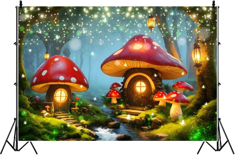 AOFOTO 15x10ft Elf Mushroom House Photo Backdrop Fairy Tale Enchanted Forest Photography Background Wonderland Magic Forest Trees Butterfly Girls Princess Kids Birthday Party Decoration Banner Props