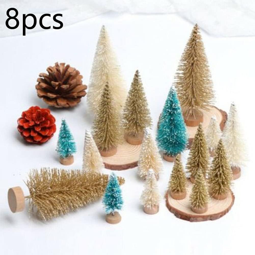 8 Pcs Artificial Mini Christmas Trees, Miniature Pine Trees Sisal Trees with Wood Base Tabletop Christmas Tree for Christmas Xmas Holiday New Year (Blue Green, 8 pcs)