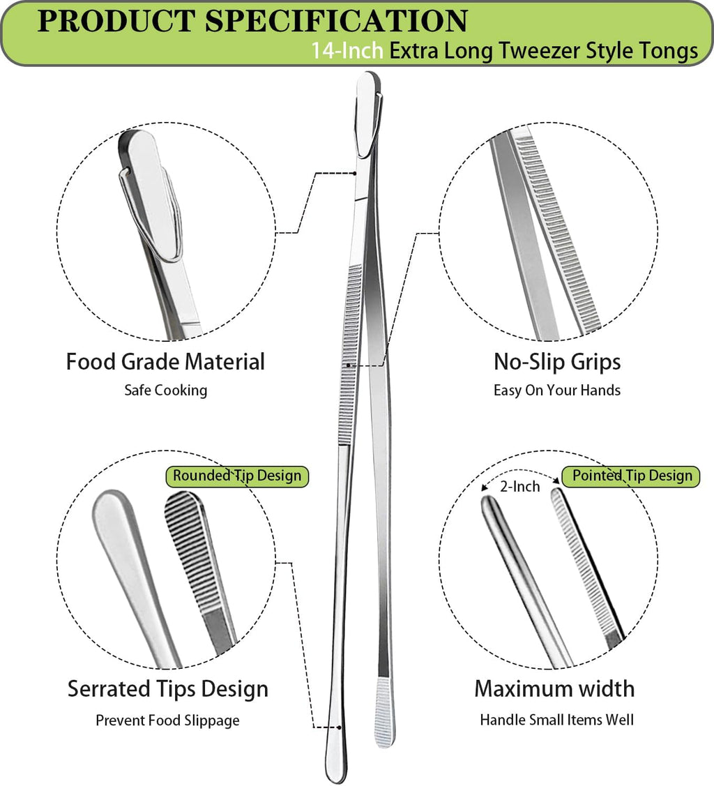 JETKONG 2 Pcs 14-Inch Food Tweezers Stainless Steel Tweezer Tongs Extra-Long Cooking Tweezers (Silver)
