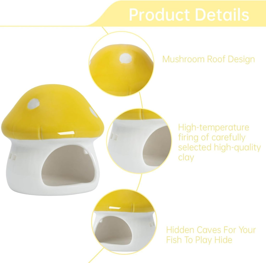Mushroom Fish Tank Decor, Ceramics Aquarium Shrimp Cave, Betta Hideout Decoration, Cottage Ornament Goldfishes Pleco Cave for Fish Tank Landscape Hideaway Spawning Decor - Yellow