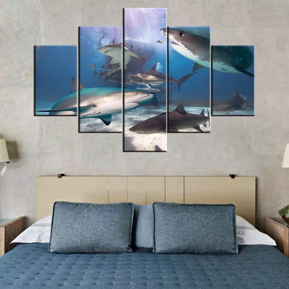 Artwork for Home Walls Shark Fish Pictures Undersea Paintings Multi Panels Printed on Canvas Sunlight Wall Art for Living Room Home Modern Decor Gallery-Wrapped Framed Ready to Hang(60''WX40''H)