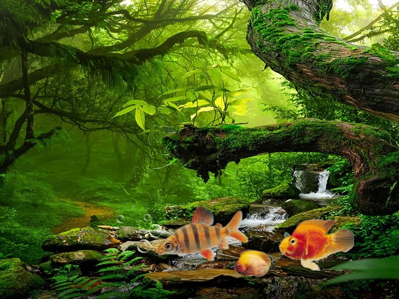 72X24IN Tropical Forest Green Huge Tree Reptile Habitat Aquarium Background, Green Natural Landscape Rainforest Fish Tank Decorations Background, Nature Art Terrarium Background