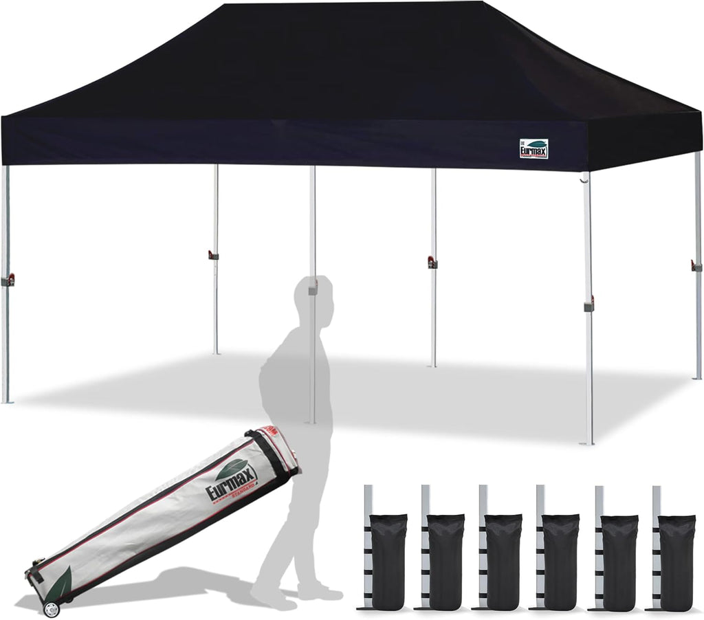 Eurmax USA 10'x20' Pop Up Canopy Tent Commercial Instant Canopies with Heavy Duty Roller Bag,Bonus 6 Sand Weights Bags (Black)