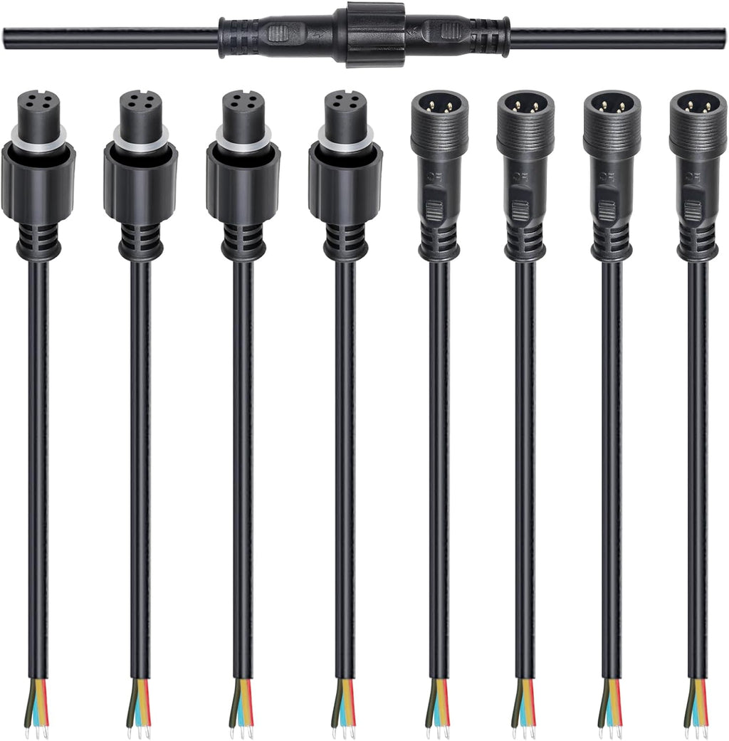 MAD OWL 4-Pin Waterproof LED Wire Connector Kit, 20 AWG 11inch/28cm Male Female Connectors with Tin Plated Joint for Various Waterproof Wires DIY (4 Set Black)