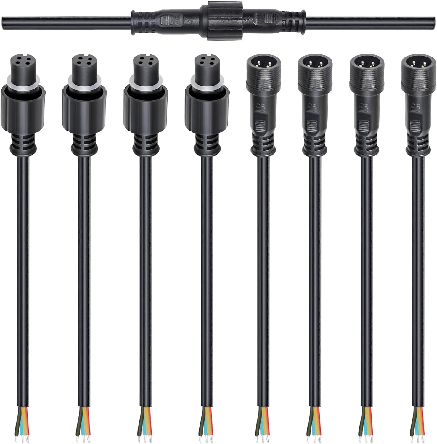 MAD OWL 4-Pin Waterproof LED Wire Connector Kit, 20 AWG 11inch/28cm Male Female Connectors with Tin Plated Joint for Various Waterproof Wires DIY (4 Set Black)