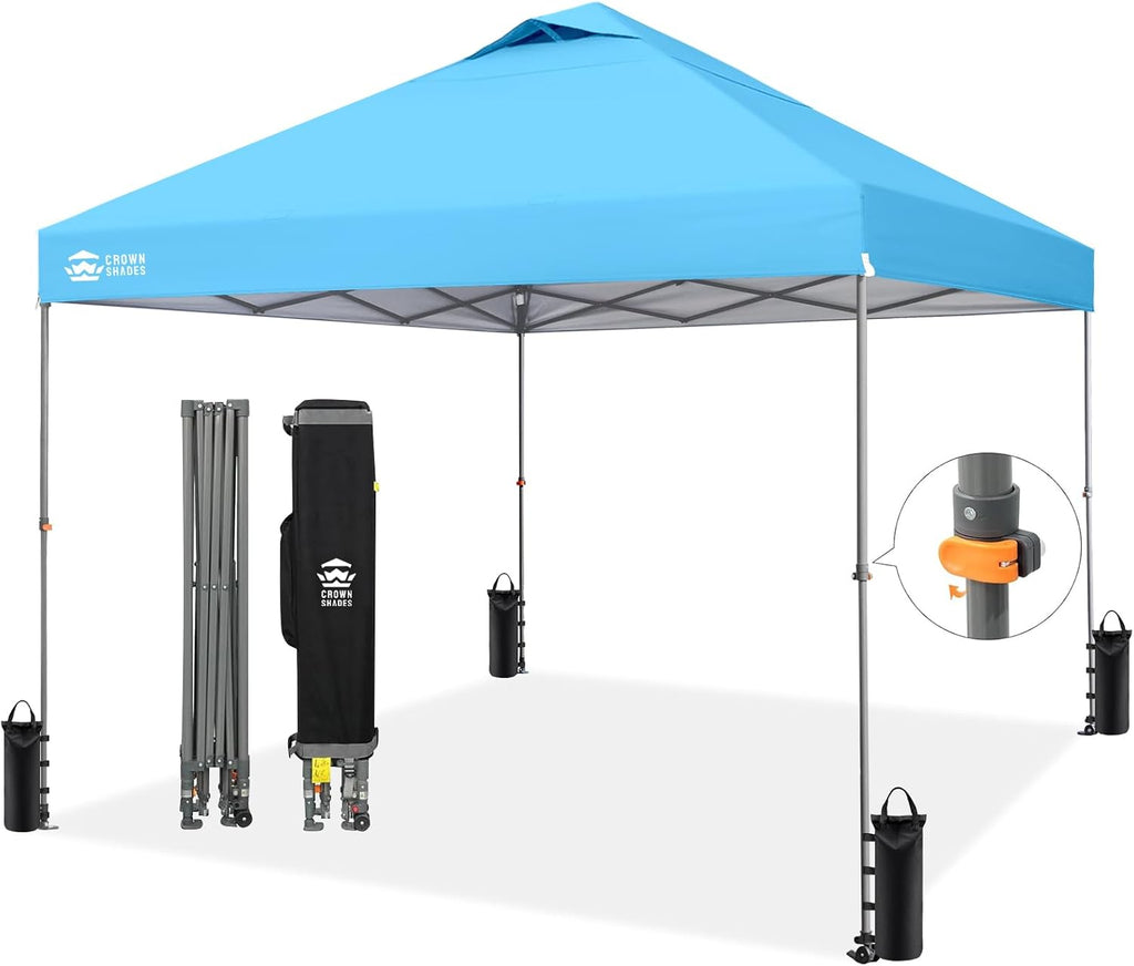 CROWN SHADES Adjustable Height on The Fly, 10x10 Pop Up Canopy - Beach Tent with One Push Setup - Easy Outdoor Sun Shade for Events, Parties, Camping - Outside Shade with STO-N-Go Bag, Sky Blue