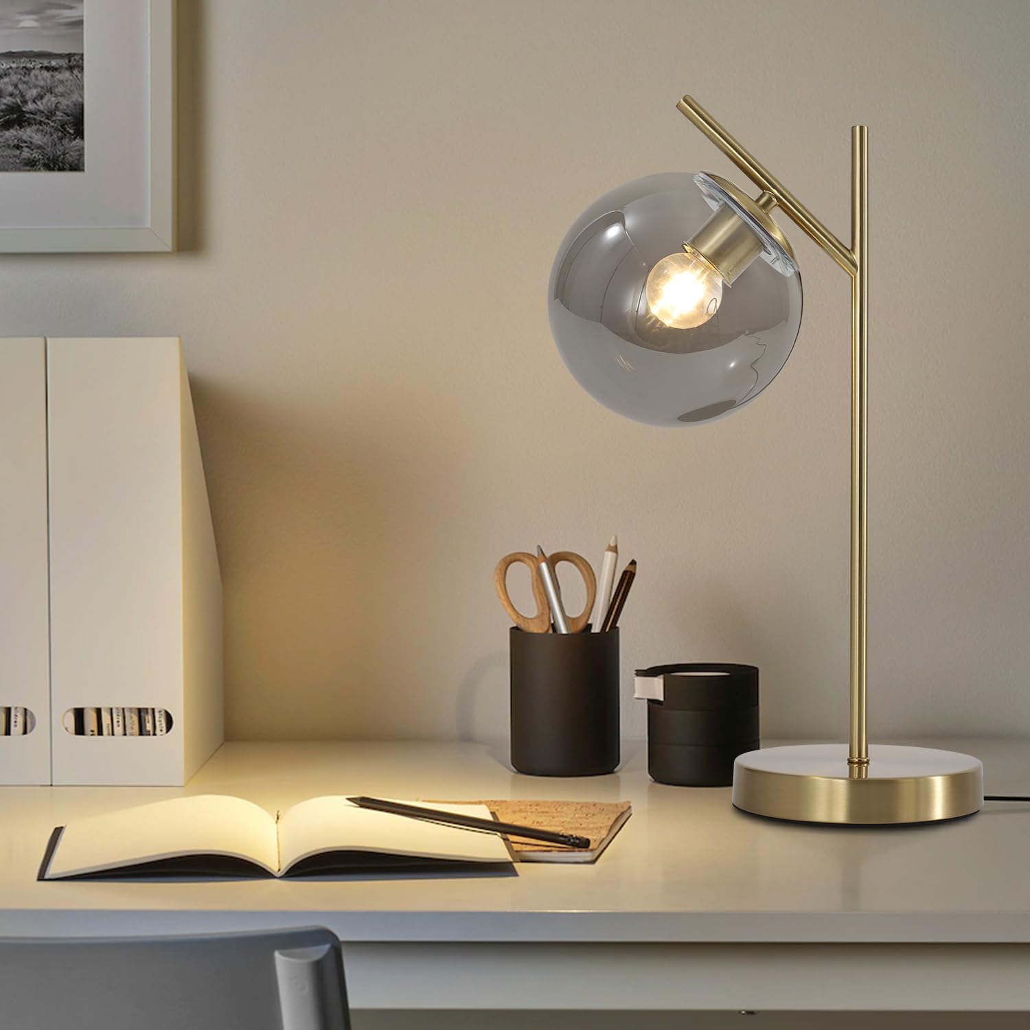 Mid Century Desk Lamp, Glass Globe Table Lamp with Gray Glass lampshade, Gold Modern Bedside Lamps for Bedroom Living Room Study Room
