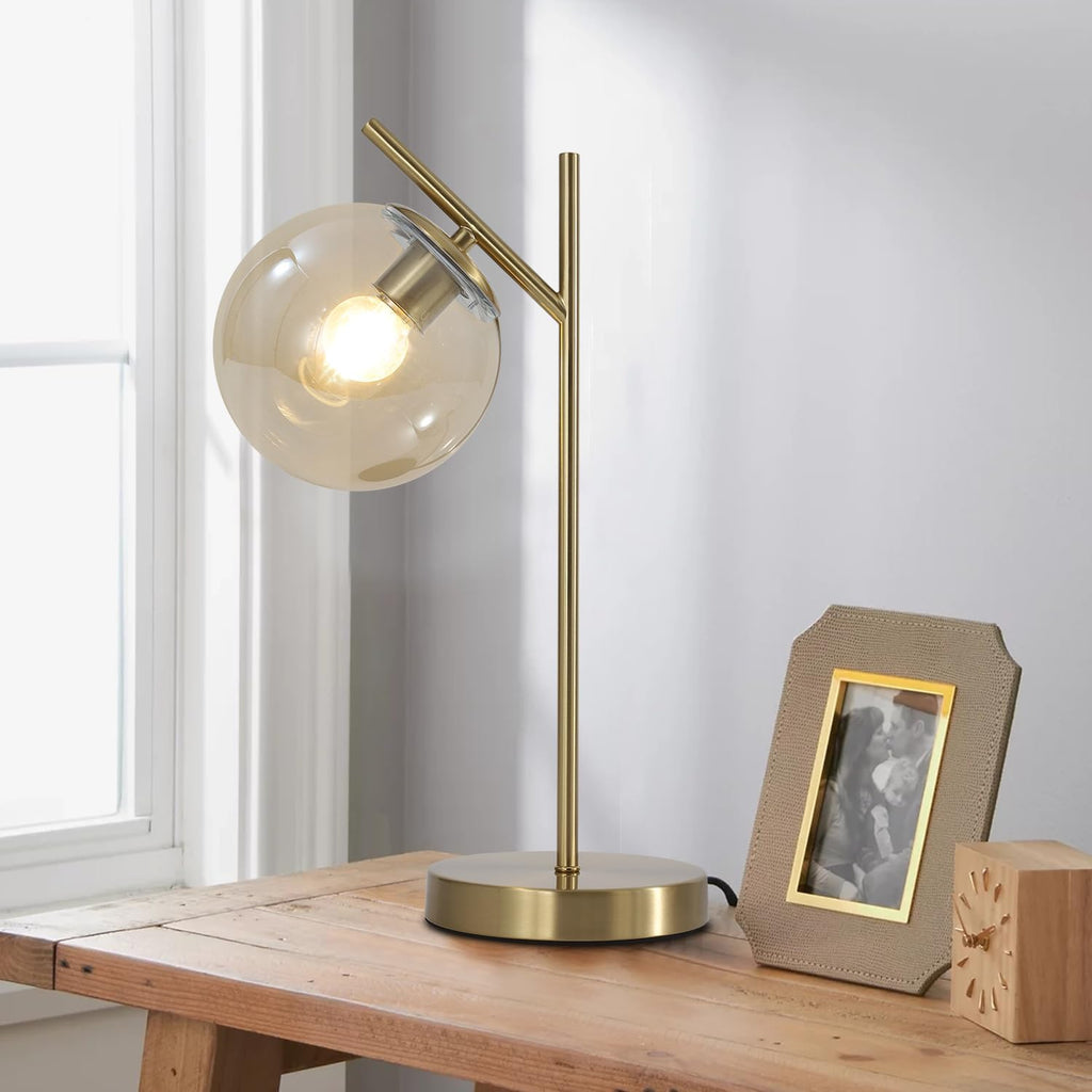Mid Century Modern Table Lamp, Gold Globe Nightstand Lamp with Cognacs Glass Shade, Metal Brass Desk Lamp for Bedroom Living Room Study Room
