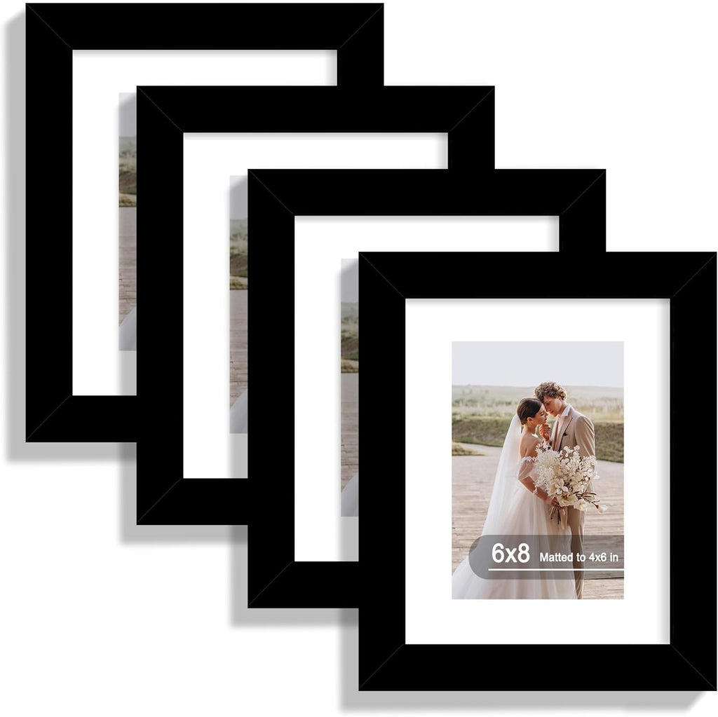6x8 Picture Frame Set of 4, Made of Real Glass and Black Frame - Display Picture 4x6 with Mat or 6x8 Without Mat, 6 by 8 Photo for Wall or Tabletop