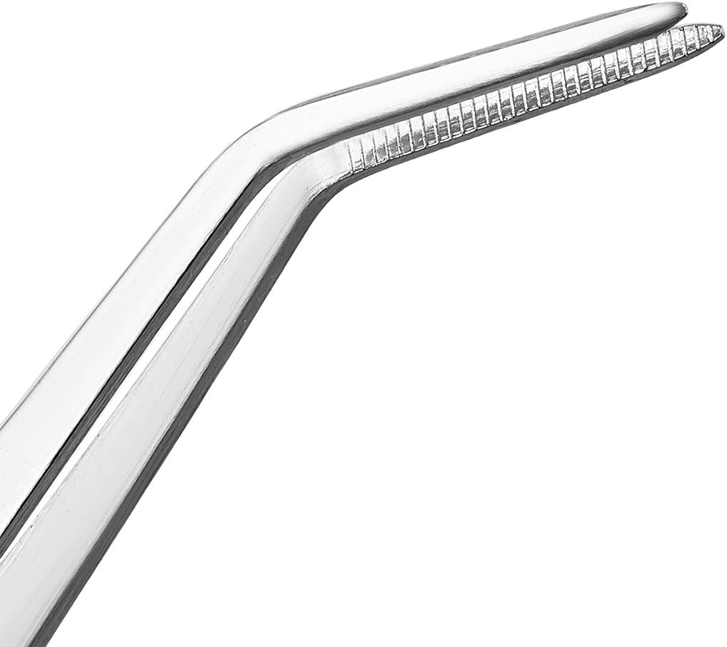 uxcell 10-Inch Stainless Steel Tweezers with Curved Pointed Serrated Tip