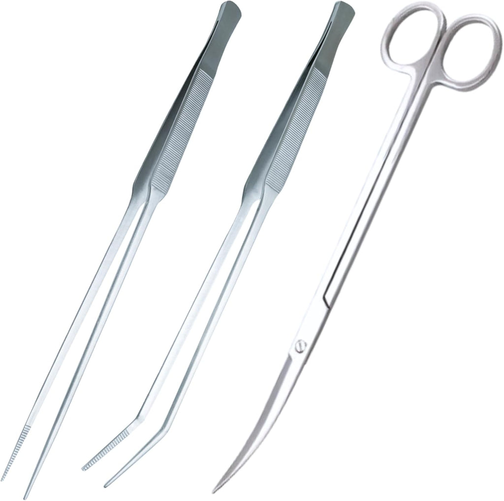 3-Piece Aquascaping Tools Set – 25cm / 9.8in Straight & Curved Long Tweezers, Scissors, Fine Tip 1mm – Aquarium Plant Care, Terrarium Tools