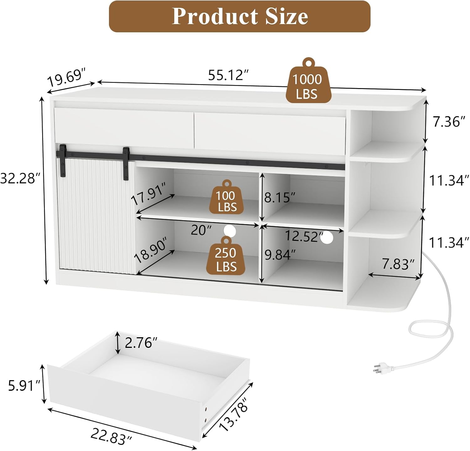 75-120 Fish Tank Stand with Power Outlets, Heavy Duty Aquarium Stand with LED Lights and Sliding Fluted Doors, White Storage Cabinet with 2 Large Drawers for Fish Tank, 1000 LBS Capacity