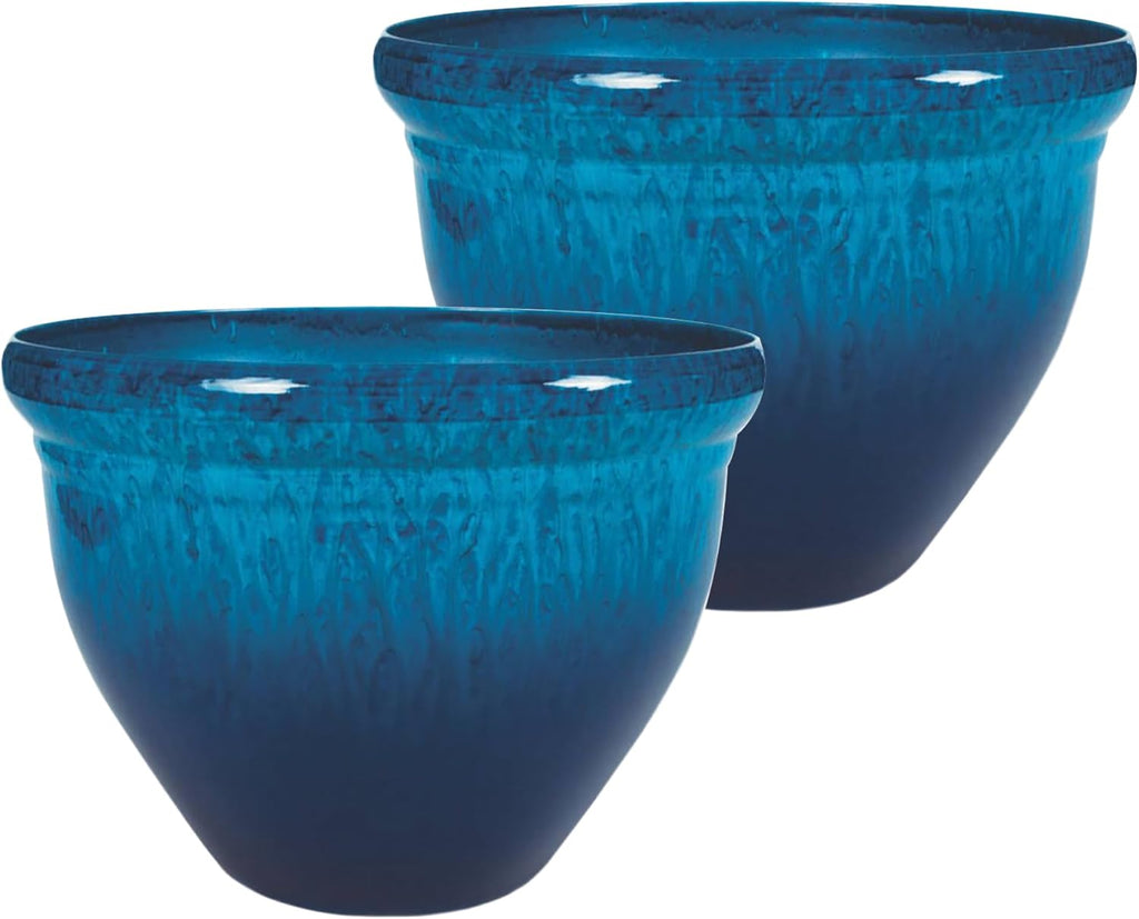 The HC Companies 9 Inch Pizzazz Round Planter Pots with Ceramic Look, Lightweight UV-Resistant Plastic Outdoor Planters, 2-Pack Flower Pots for Garden & Home Decor, Admiral Blue