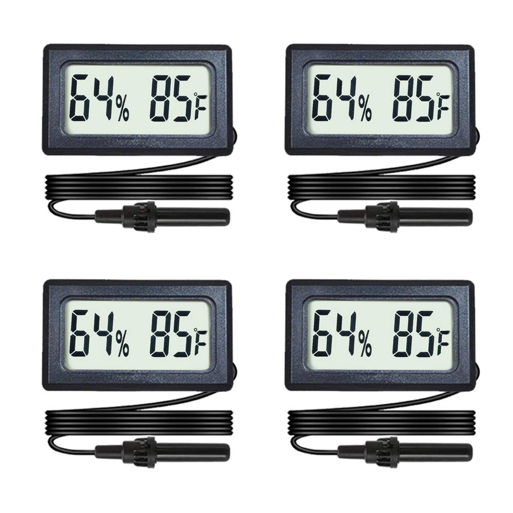 4-Pack Mini Digital Hygrometer Thermometer Gauge with Probe LCD Display Temperature Fahrenheit Humidity Meter for Incubator Reptile Plant Terrarium Sealed Containers Guitar Case