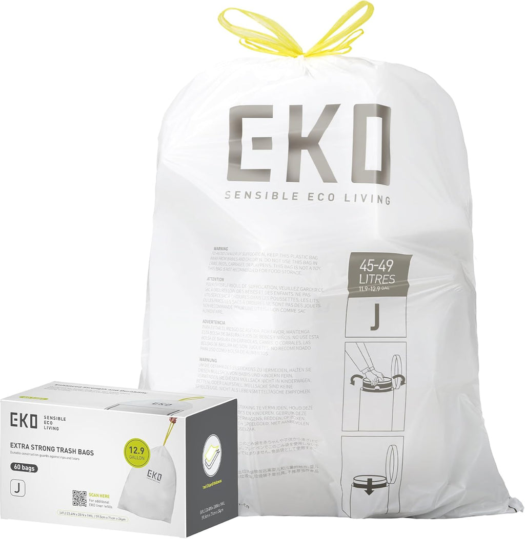 EKO 12.9 Gallon / 45-49 Liter, 60 Count Drawstring Trash Bags, Extra-Strong Unscented Garbage Bags, Easy-Dispense Roll for Kitchen & Household Use, Resists Tears, Leaks and Punctures, Code J, White