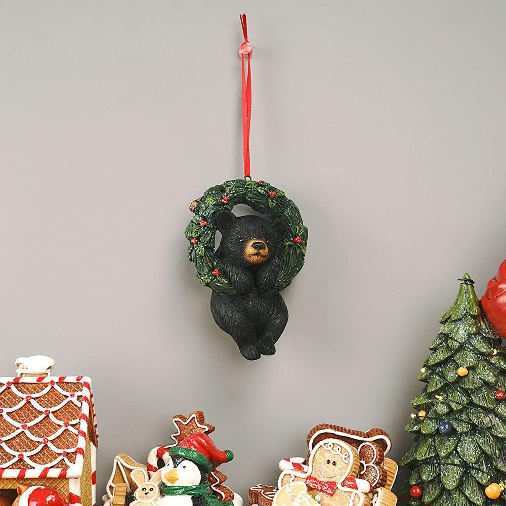 Christmas Small Animal Wreath Swing Ornament Hanging Decor for Xmas Tree Home Office Room Decoration with String (New, Black Bear)