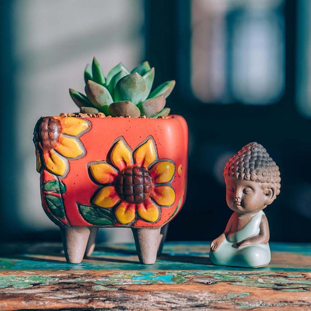 3.63 Inch Hand Painted Square Succulent Planter with Drainage and Clear Plastic Saucers Cactus Planter Pot Clay Pot Sunflowers Indoor Outdoor Pack of 3