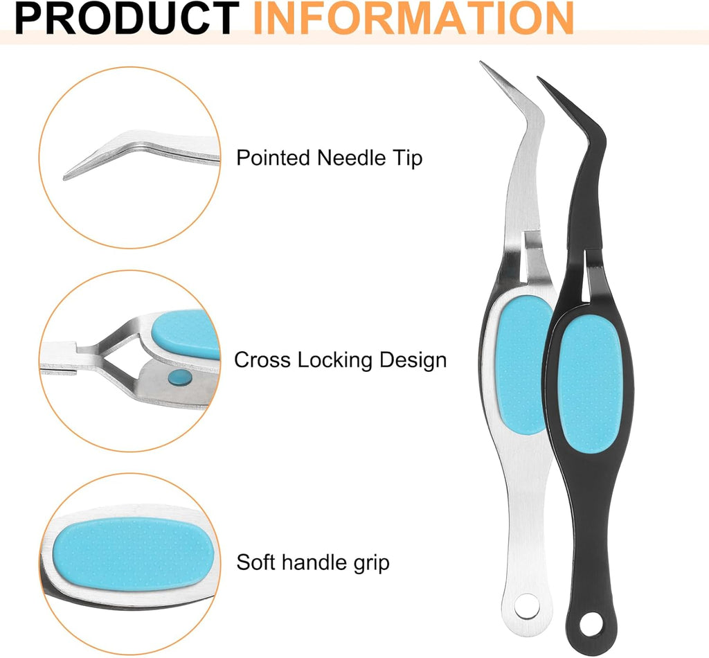 HARFINGTON 2pcs Craft Tweezers Precision Crossing Lock Curved Stainless Steel Soft Reverse Grip Fine Tip Tweezers for DIY Craft Jewelry Beading Electronics, Black Silver Blue