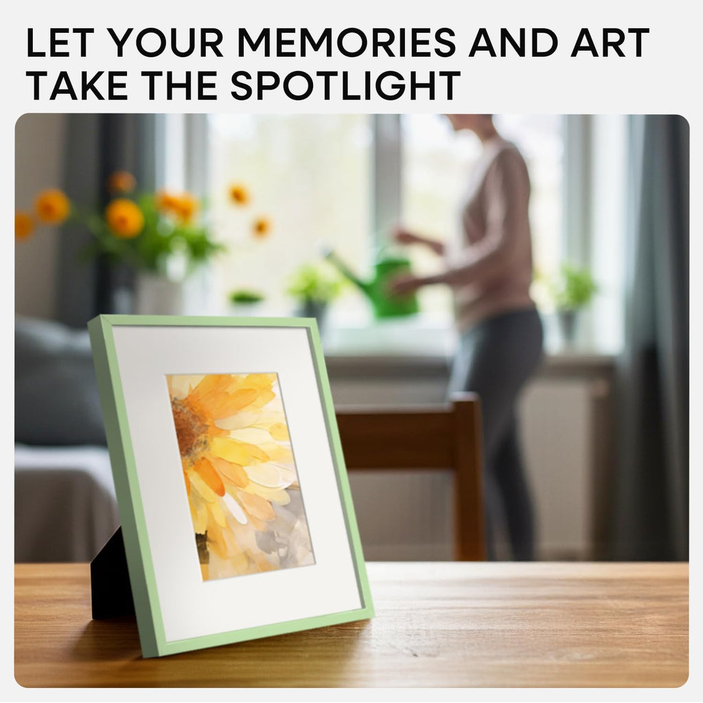 Homeforia 8x10 Picture Frame Sage Green, High End Metal 8 x 10 Poster Frames with Mat 5 by 7 Art, 10x8 Thin Frame Matted to 7x5 Photo, 8by10 Wall or Tabletop Frames, Tempered Glass, Wall Kit, Set of 1
