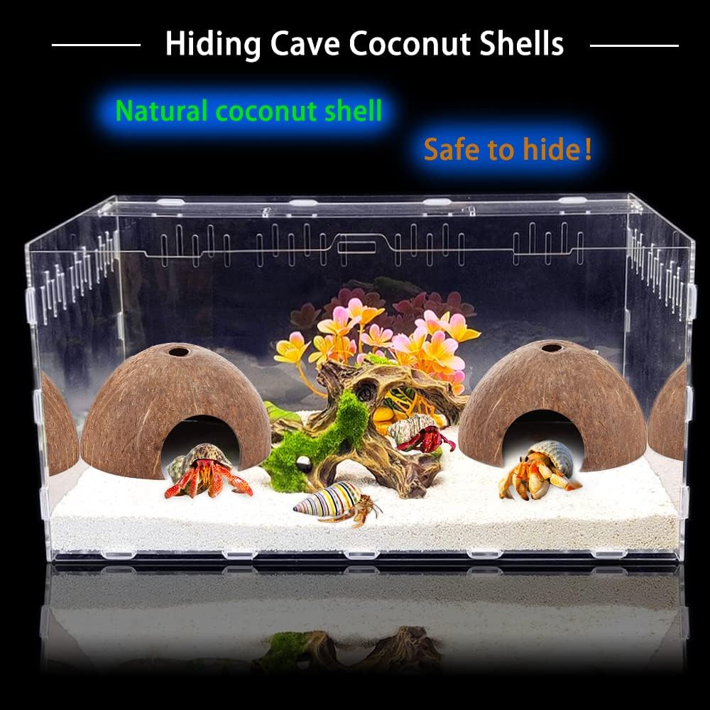 2 Pack Spider Coconut Shell Shelter, Hermit Crab Hideout, Lizard Hiding Cave, Turtle Rest Hut, Fish Tank Aquarium Decoration