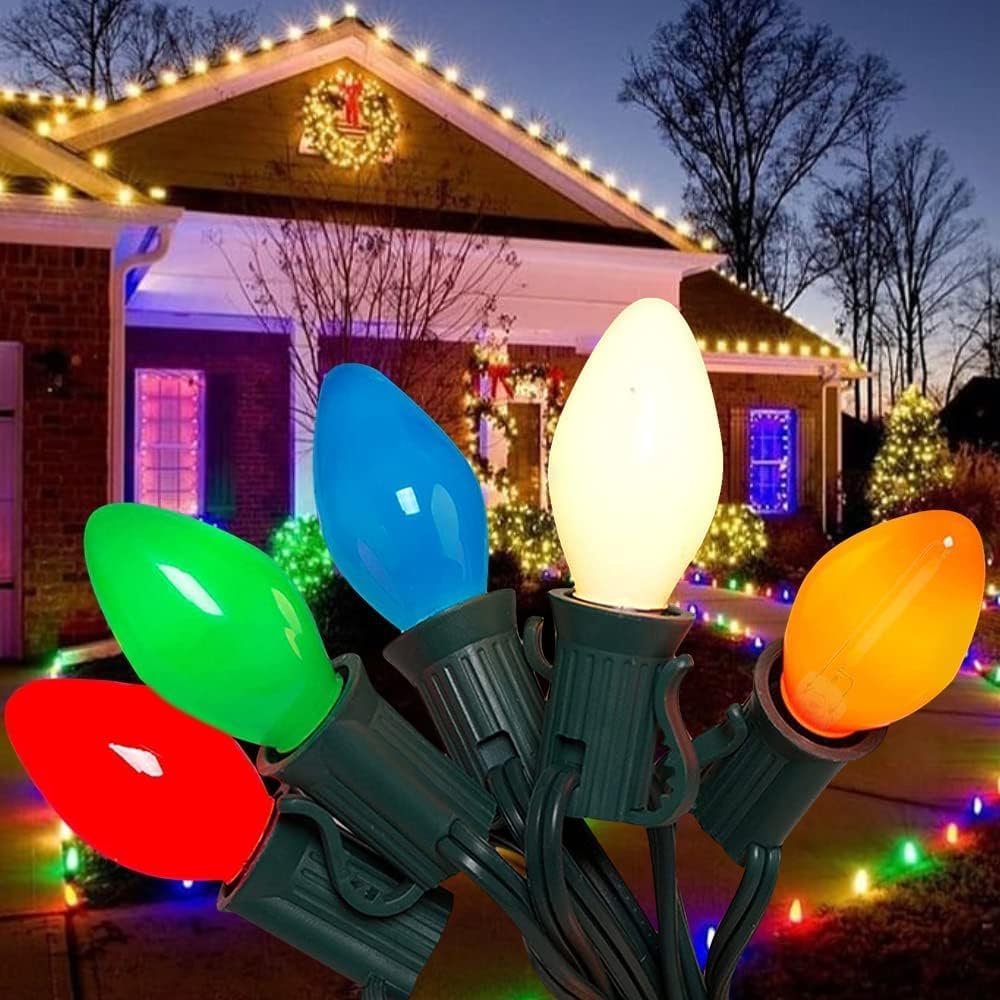 Couah 25Ft C9 Vintage Christmas LED String Lights with 27 Multicolor LED Bulbs, Hanging String Lights for Indoor Outdoor Roofline Party Wedding Christmas Decorations (Green Wire)