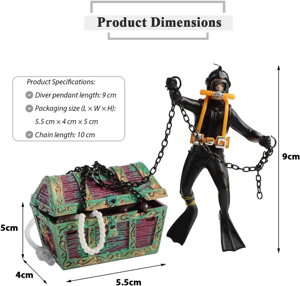 Live-Action Aquarium Ornament Undersea Treasure Chest Diver, Air Bubbler Aerating Fish Tank Decorations Black Color