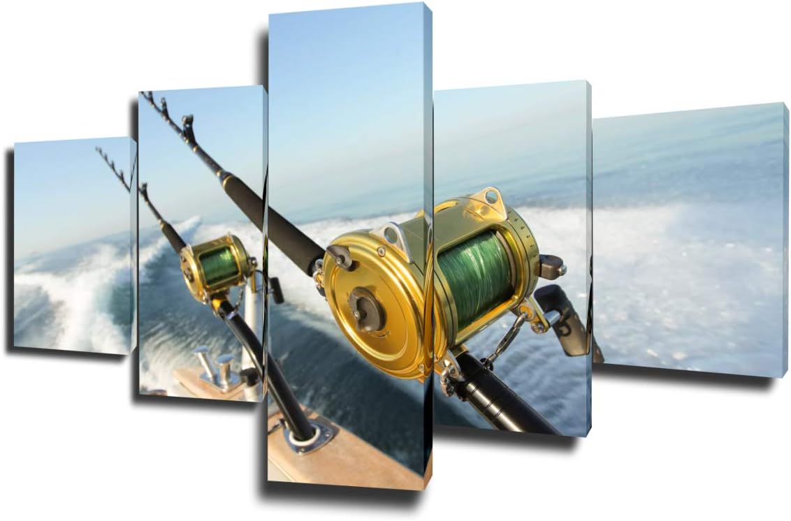 Art Work for Home Walls Fishing Reels and Rods Wall Art 5 Panel Premium Quality Prints Pictures Giclee Ocean Canvas Paintings for Living Room Wooden Framed Gallery-Wrapped Ready to Hang(50''Wx24''H)