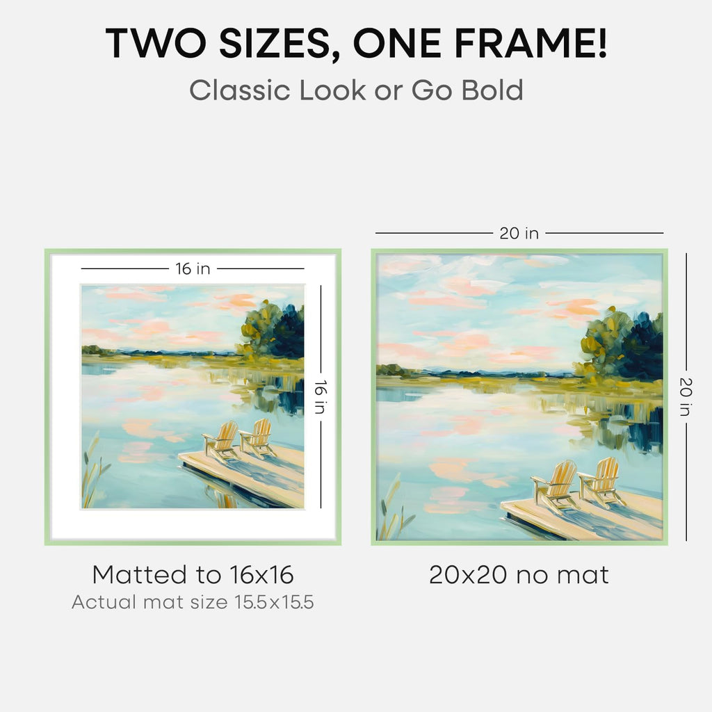Homeforia 20x20 Picture Frame Sage Green, High End Metal 20 x 20 Square Poster Frames with Mat 16 x 16 Photo, 20x20 Frame Matted to 16x16 Art, 20by20 Hanging Frames, Tempered Glass, Wall Kit, Set of 2