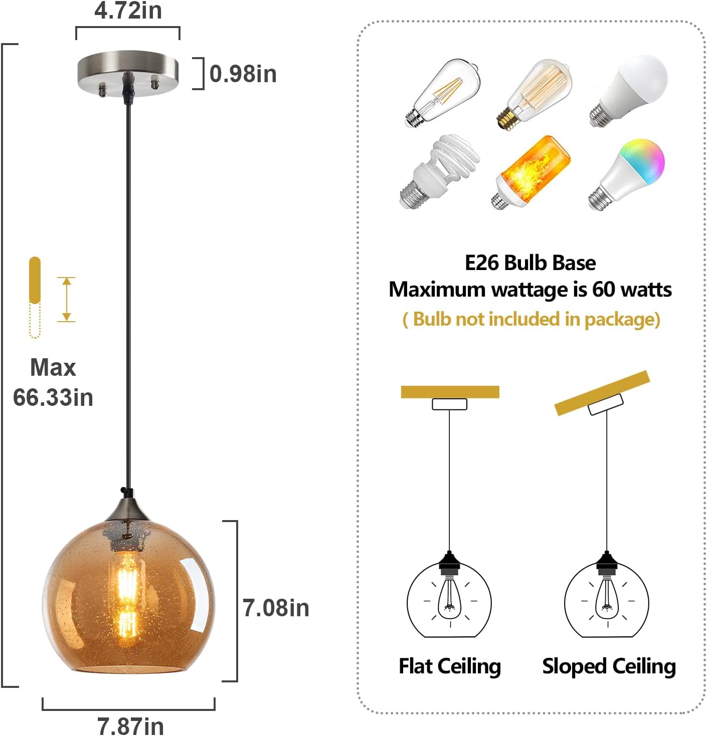 Amber Glass Pendant Lights Kitchen Island Lighting Globe Pendant Light Fixtures Modern Pendant Lighting for Bedroom Living Dining Room Light Fixture (7.87 in, 1 Pack)