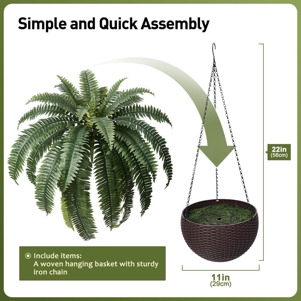 48" Artificial Boston Fern Hanging Plants with Basket - UV Resistant Fake Plant for Outdoor Indoor - Large Realistic Faux Greenery for Front Porch, Front Door, Patio Decor, Set of 2, VN142