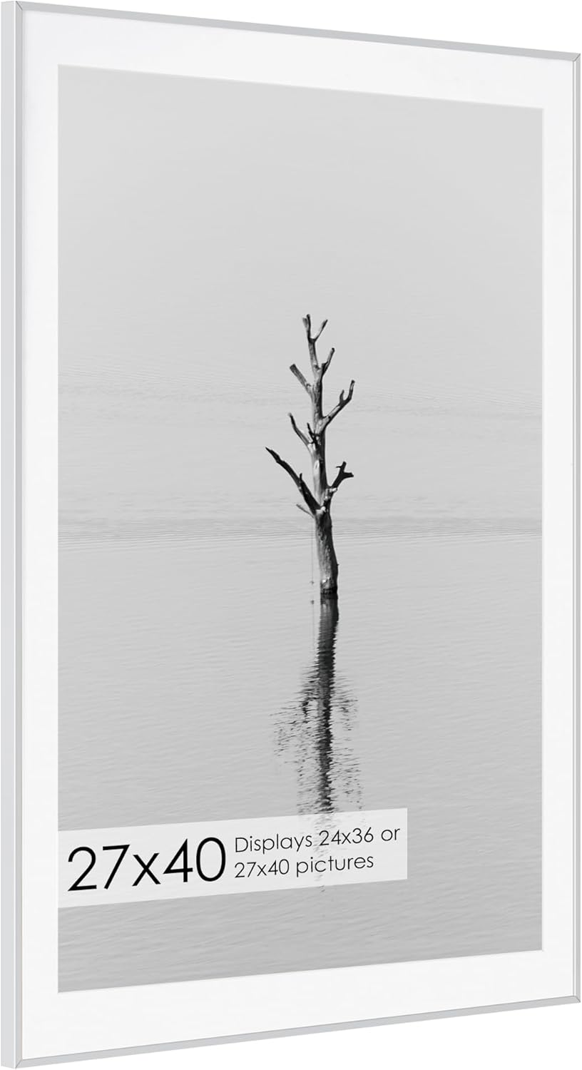 27x40 Metal Picture Frame with 24x36 Mat, Brushed Aluminum Finish, Tempered Glass Front, and Attached Hanging Hardware - Versatile Wall Display Frames for Vertical or Horizontal Orientation(Silver,