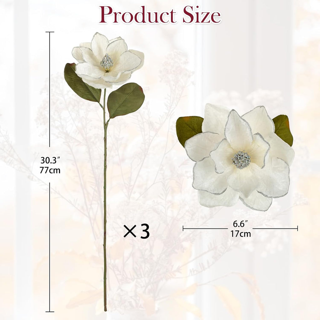 Briful Set of 3 Artificial Christmas Magnolias Flowers – 30’’ Long Stem Faux Magnolia Stems for Tree Ornaments, Holiday Centerpieces & Christmas Decor, White