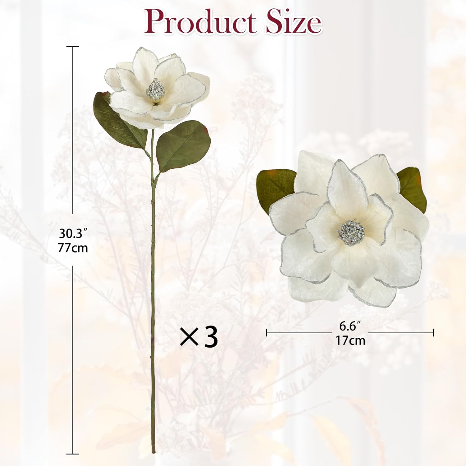 Briful Set of 3 Artificial Christmas Magnolias Flowers – 30’’ Long Stem Faux Magnolia Stems for Tree Ornaments, Holiday Centerpieces & Christmas Decor, White