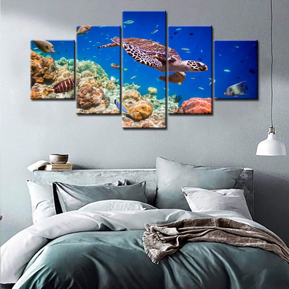 Sea Turtle Paintings Multi Panel Wall Art Underwater World Pictures Coral Reef Fish Artwork Printed on Canvas for Living Room Modern House Decor Stretched Framed Giclee Ready to Hang(60''Wx32''H)