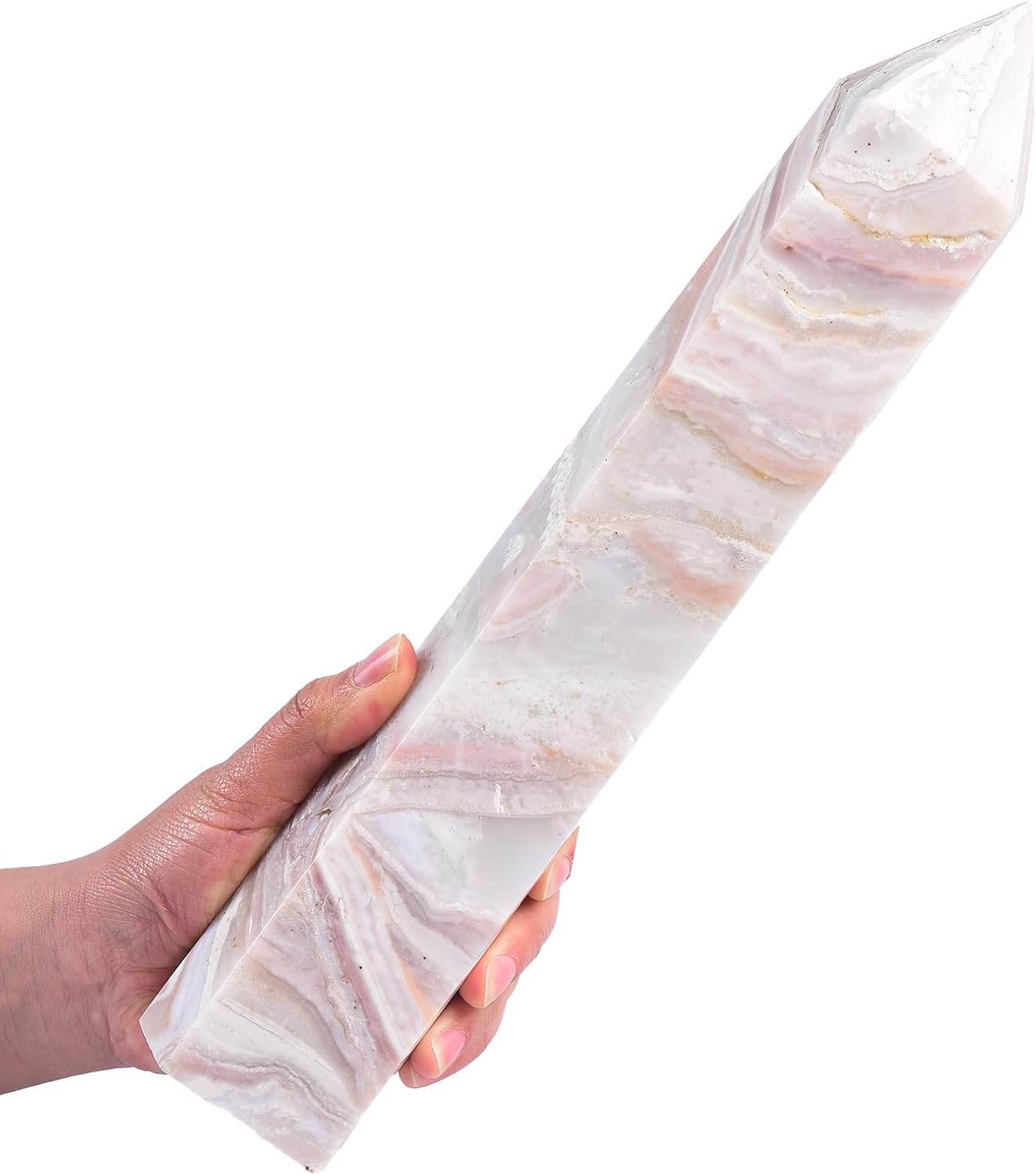 JIC Gem Extra Large Pink Agate Healing Crystal Tower Wand 6 Faceted Pink Quartz Geode Crystals Obelisk Tower Points Crystals Decor Gift Reiki Chakra 4.0-4.4 Lbs